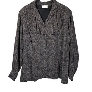 Black Floral Blouse, Statement Ruffle Collar Liz Claiborne 16 Rayon Vintage